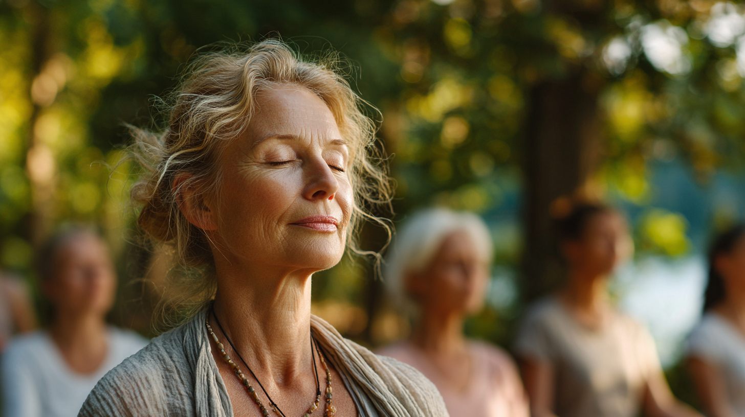 Възрастни хора практикуват йога в парк