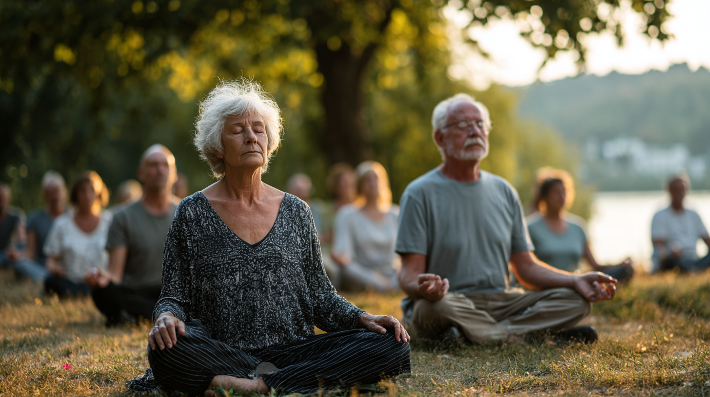 Група възрастни хора в йога поза на открито